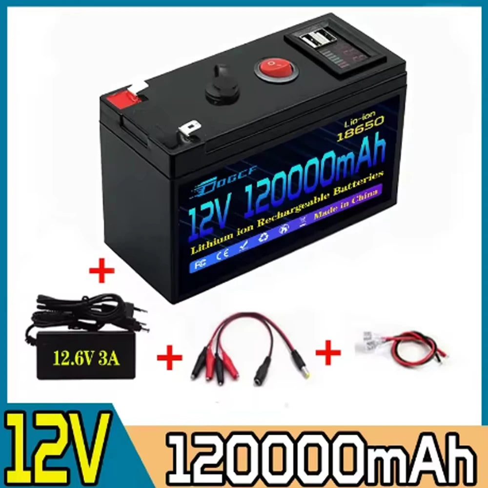 Batterie lithium-ion rechargeable LiFePO4 12 V 80 Ah 18650, port d'alimentation USB 5 V 2,1 A intégré, chargeur et chargeur 12,6 V 3 A.