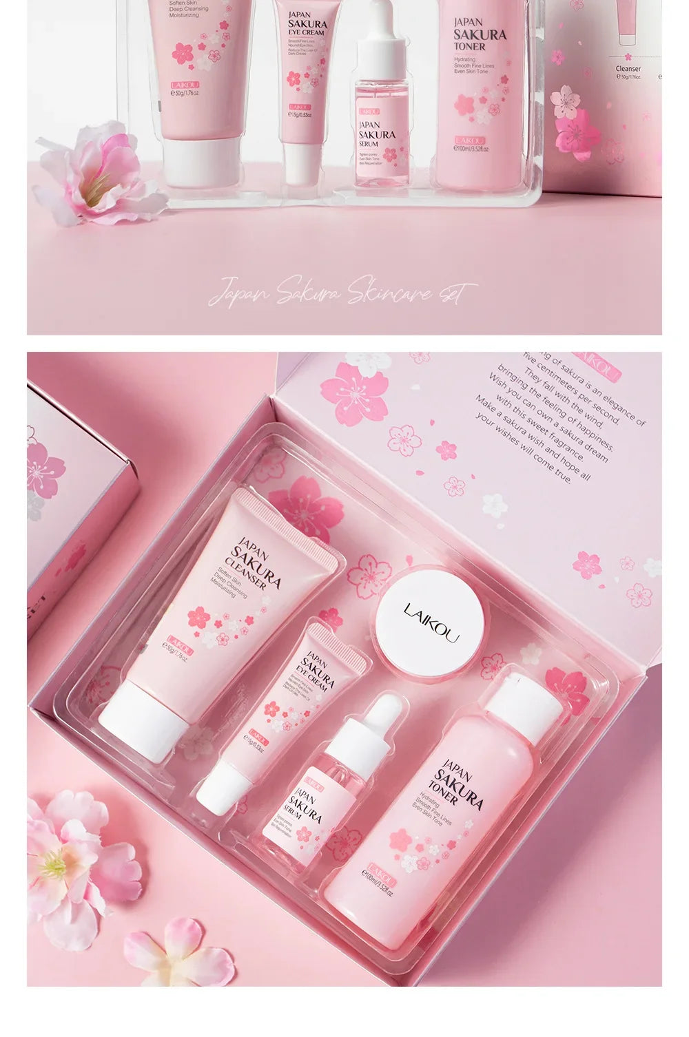 LAIKOU Sakura Kit Coffret de soins de la peau Hydratant et réduisant les ridules Nettoyant les pores Coffret de soins coréens 5 pièces