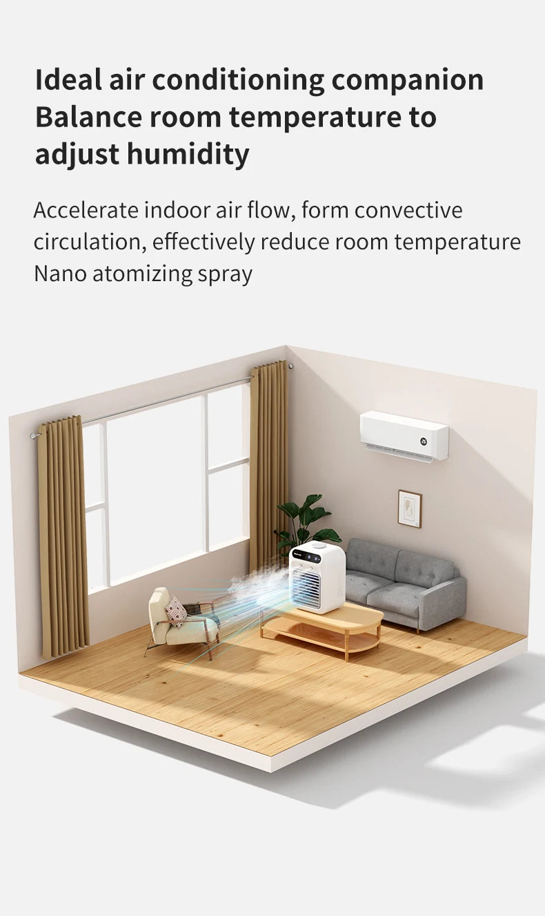 Mini climatiseur portable rechargeable par USB avec batterie de 1800 mAh et humidificateur – pour la maison et le bureau