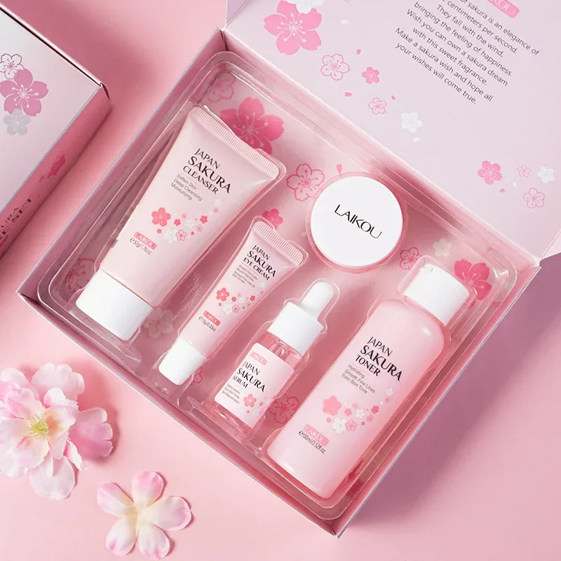 LAIKOU Sakura Kit Coffret de soins de la peau Hydratant et réduisant les ridules Nettoyant les pores Coffret de soins coréens 5 pièces