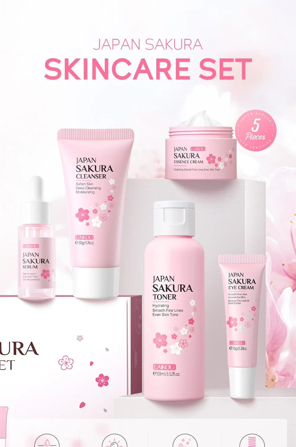 LAIKOU Sakura Kit Coffret de soins de la peau Hydratant et réduisant les ridules Nettoyant les pores Coffret de soins coréens 5 pièces