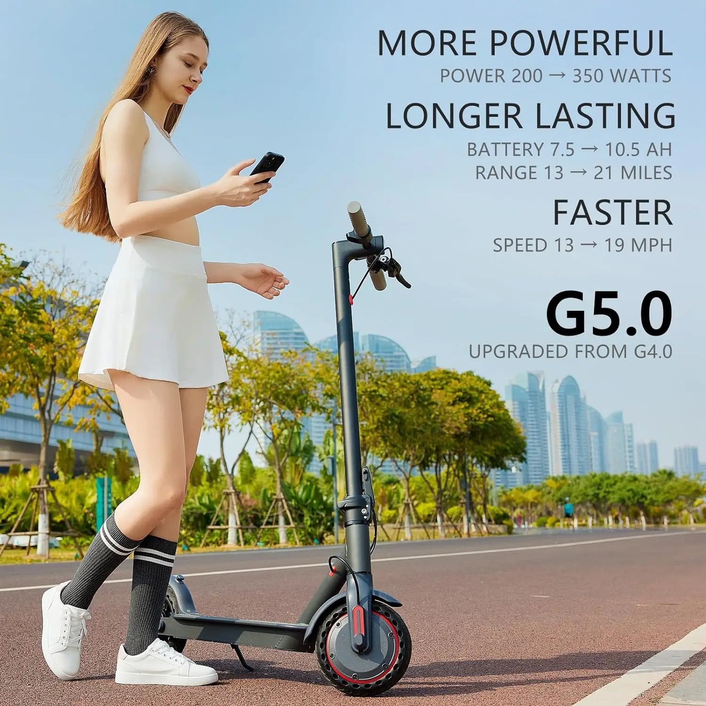 Trottinette électrique G5.0, batterie haute capacité 36 V 10,5 Ah, autonomie de 34 km, vitesse maximale de 30 km/h, moteur de 350 ch, pneus de 21,6 cm, pliable