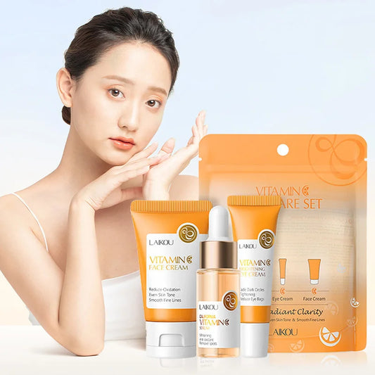 LAIKOU Vitamine C 24K Golden Sakura Coffrets de soins de la peau Crème pour le visage Sérum Crème pour les yeux Hydratant Anti-rides Kit de soins du visage 3 pièces