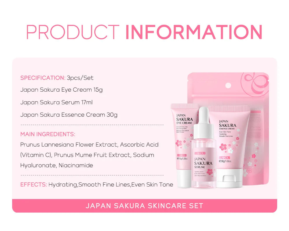 LAIKOU Vitamine C 24K Golden Sakura Coffrets de soins de la peau Crème pour le visage Sérum Crème pour les yeux Hydratant Anti-rides Kit de soins du visage 3 pièces