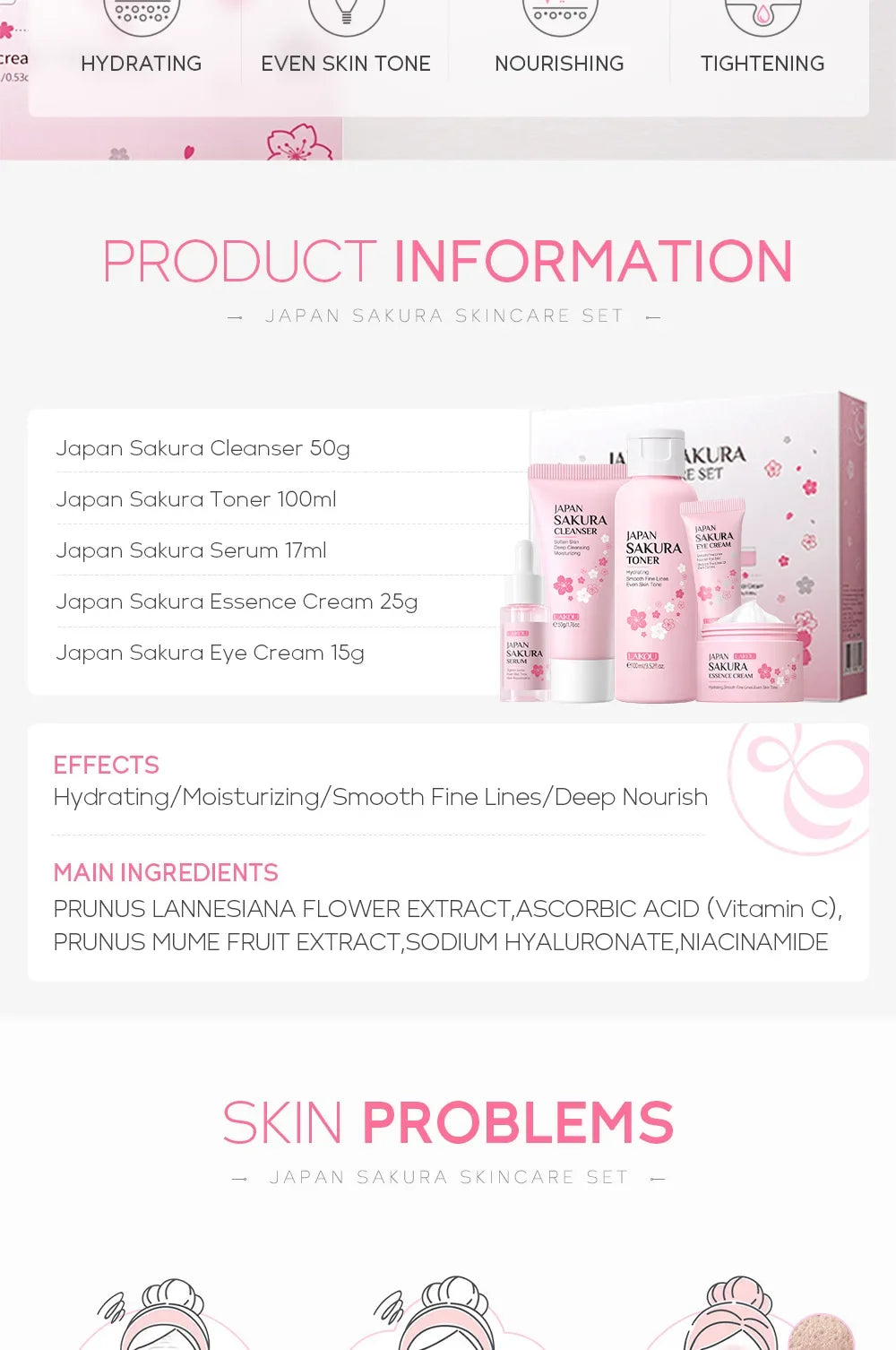 LAIKOU Sakura Kit Coffret de soins de la peau Hydratant et réduisant les ridules Nettoyant les pores Coffret de soins coréens 5 pièces