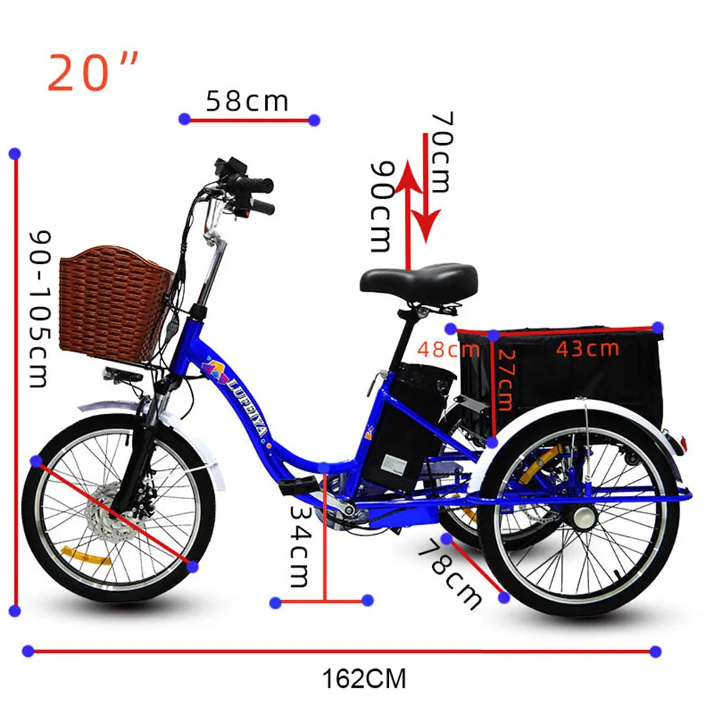 Tricycle électrique adulte avec panier/siège à tirer, trois roues, 48 V, 350 W, vélo électrique urbain tendance pour femmes avec batterie au lithium