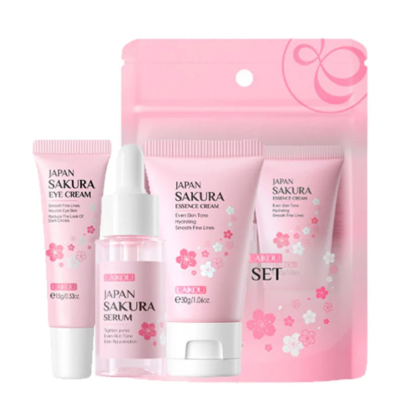 LAIKOU Vitamine C 24K Golden Sakura Coffrets de soins de la peau Crème pour le visage Sérum Crème pour les yeux Hydratant Anti-rides Kit de soins du visage 3 pièces