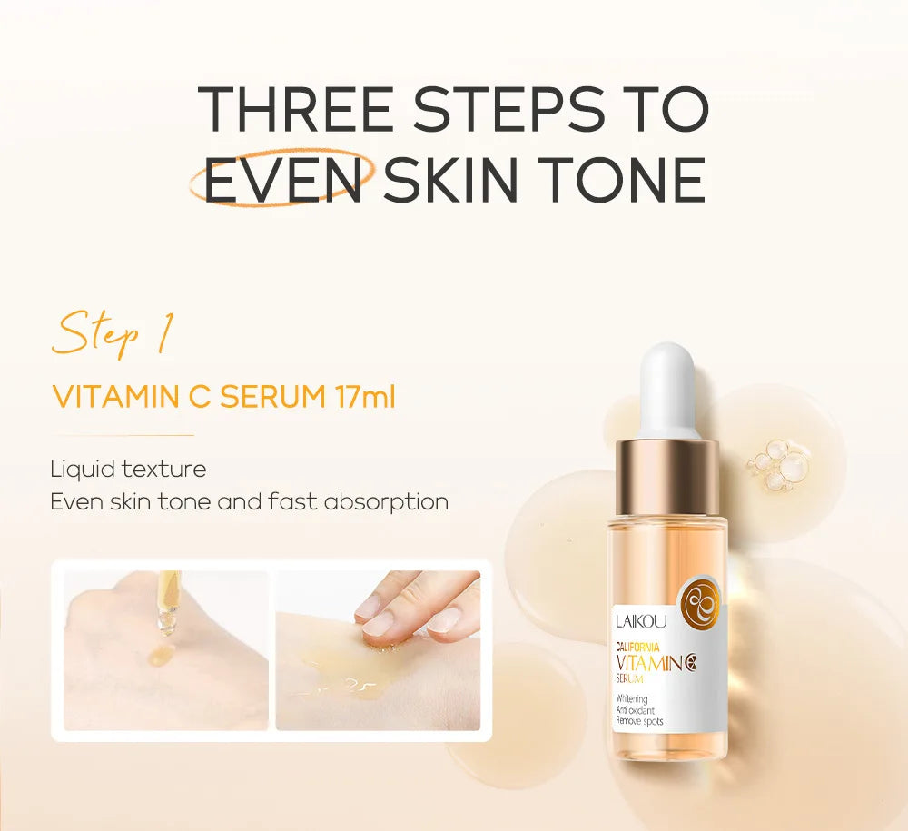 LAIKOU Vitamine C 24K Golden Sakura Coffrets de soins de la peau Crème pour le visage Sérum Crème pour les yeux Hydratant Anti-rides Kit de soins du visage 3 pièces