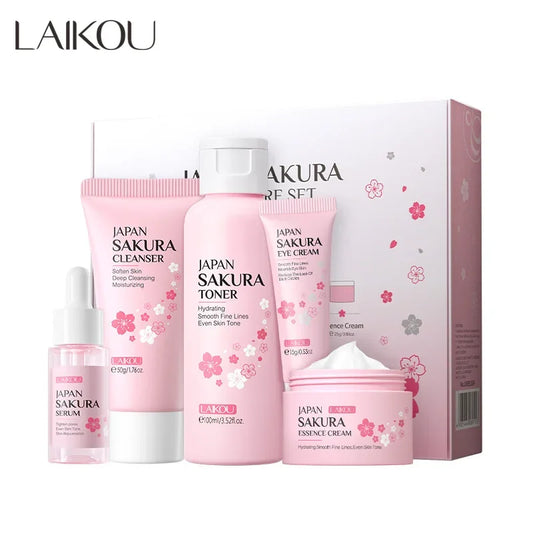 LAIKOU Sakura Kit Coffret de soins de la peau Hydratant et réduisant les ridules Nettoyant les pores Coffret de soins coréens 5 pièces