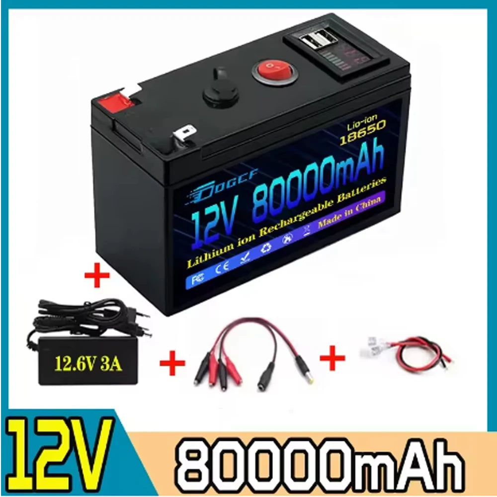 Batterie lithium-ion rechargeable LiFePO4 12 V 80 Ah 18650, port d'alimentation USB 5 V 2,1 A intégré, chargeur et chargeur 12,6 V 3 A.