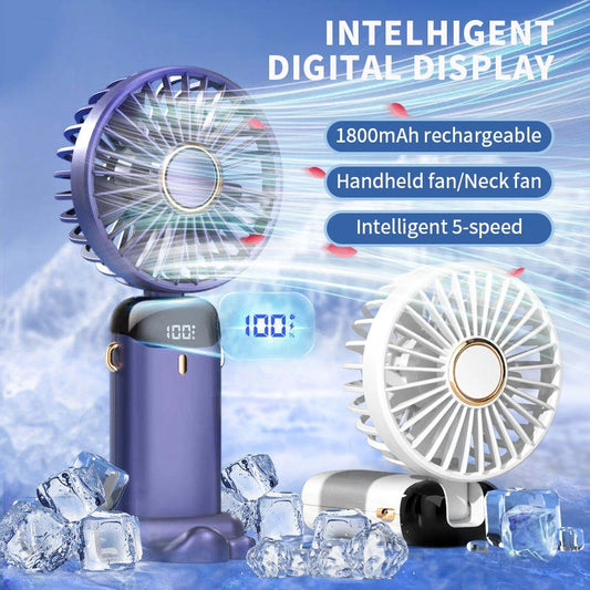 Mini ventilateur portable pliable à suspendre au cou, 5 vitesses, rechargeable par USB, avec support pour téléphone et écran d'affichage, 1800 mAh