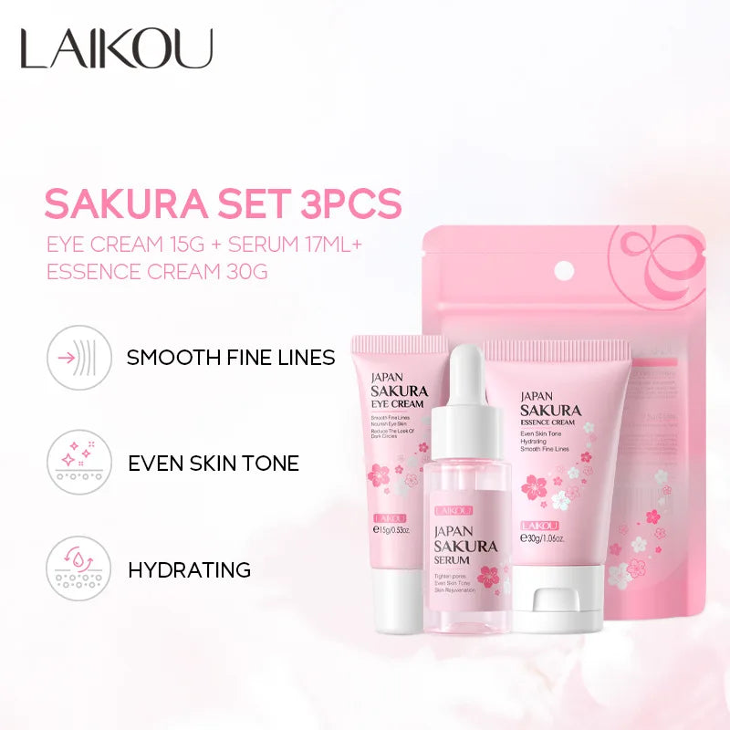 LAIKOU Vitamine C 24K Golden Sakura Coffrets de soins de la peau Crème pour le visage Sérum Crème pour les yeux Hydratant Anti-rides Kit de soins du visage 3 pièces