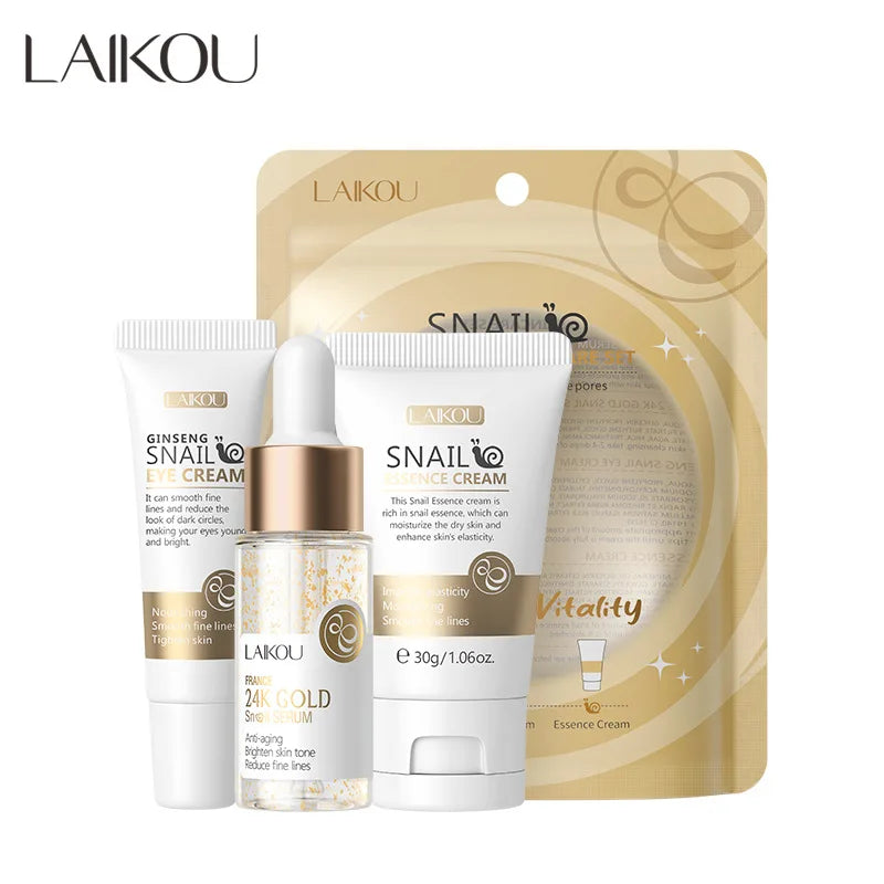 LAIKOU Vitamine C 24K Golden Sakura Coffrets de soins de la peau Crème pour le visage Sérum Crème pour les yeux Hydratant Anti-rides Kit de soins du visage 3 pièces