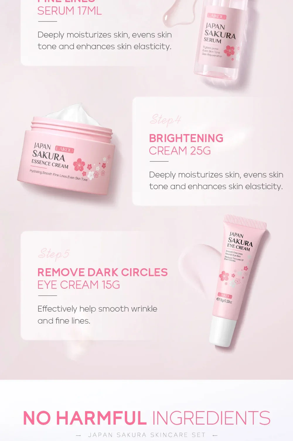 LAIKOU Sakura Kit Coffret de soins de la peau Hydratant et réduisant les ridules Nettoyant les pores Coffret de soins coréens 5 pièces