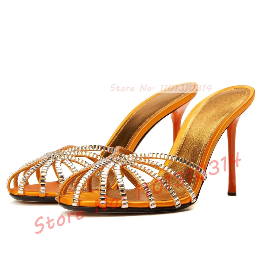 Pantoufles en soie à talons aiguilles ornées de pierres précieuses pour femmes, pantoufles de luxe à talons aiguilles ajourés, pantoufles métallisées élégantes pour femmes, chaussures d'été à brides croisées.