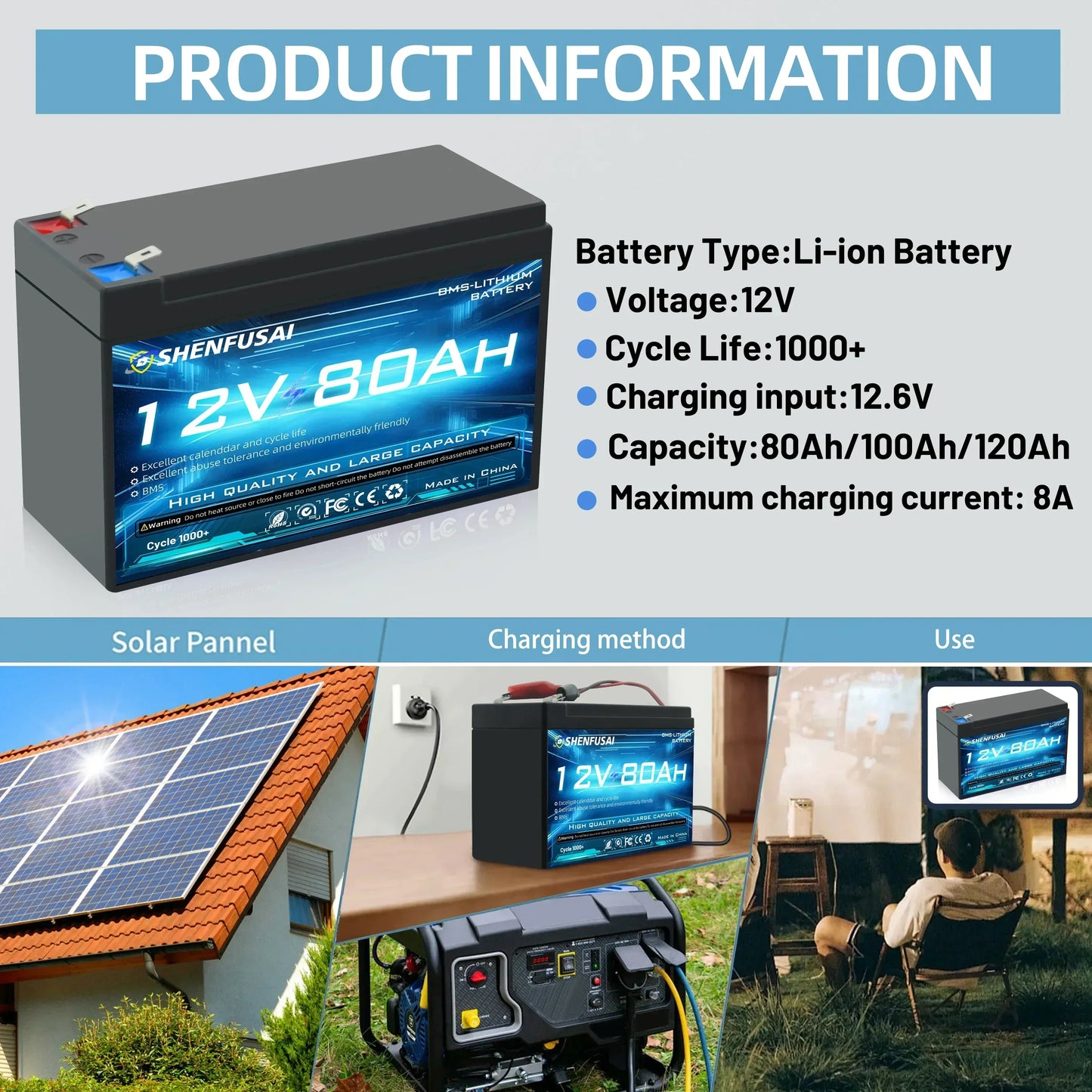 Pack de batteries lithium-ion 18650 rechargeables 12 V 120 Ah/80 Ah avec BMS 30 A intégré pour véhicules électrique et panneau solaire etc...