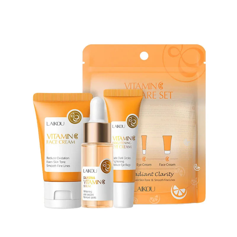 LAIKOU Vitamine C 24K Golden Sakura Coffrets de soins de la peau Crème pour le visage Sérum Crème pour les yeux Hydratant Anti-rides Kit de soins du visage 3 pièces