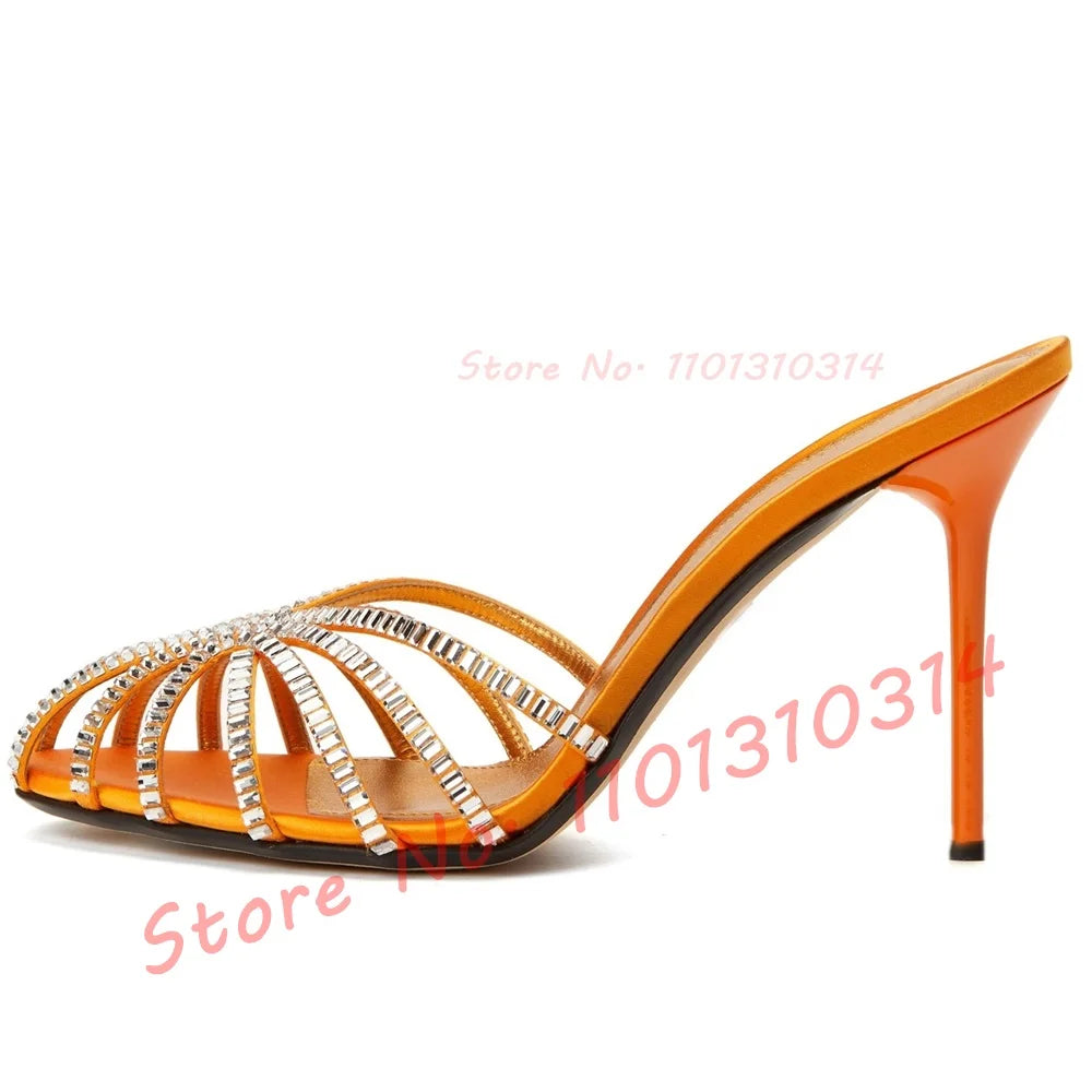 Pantoufles en soie à talons aiguilles ornées de pierres précieuses pour femmes, pantoufles de luxe à talons aiguilles ajourés, pantoufles métallisées élégantes pour femmes, chaussures d'été à brides croisées.
