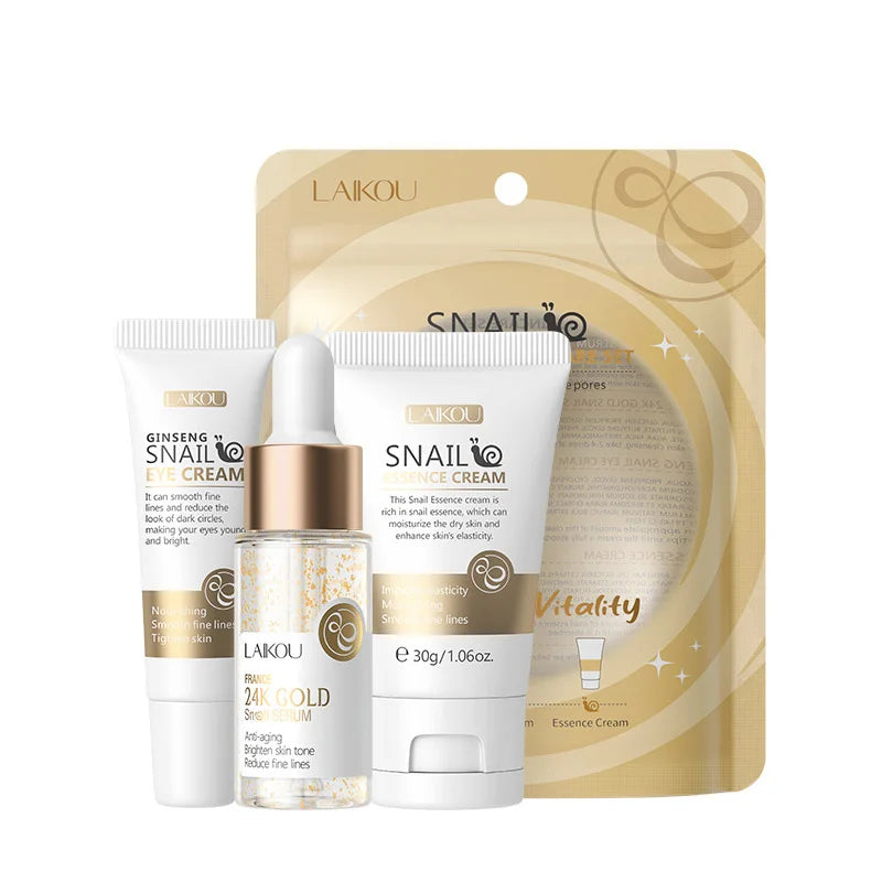 LAIKOU Vitamine C 24K Golden Sakura Coffrets de soins de la peau Crème pour le visage Sérum Crème pour les yeux Hydratant Anti-rides Kit de soins du visage 3 pièces