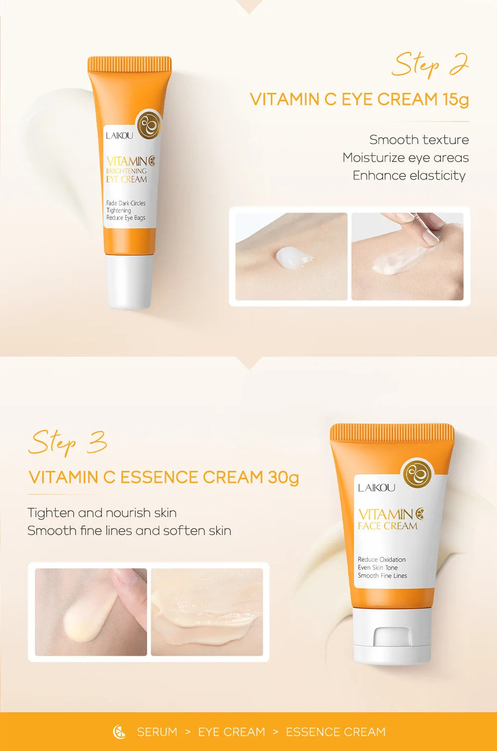 LAIKOU Vitamine C 24K Golden Sakura Coffrets de soins de la peau Crème pour le visage Sérum Crème pour les yeux Hydratant Anti-rides Kit de soins du visage 3 pièces