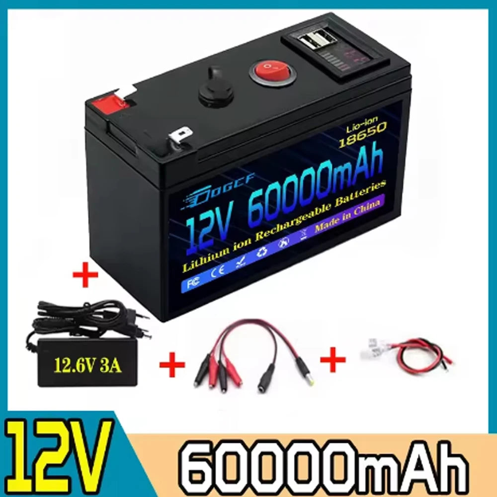 Batterie lithium-ion rechargeable LiFePO4 12 V 80 Ah 18650, port d'alimentation USB 5 V 2,1 A intégré, chargeur et chargeur 12,6 V 3 A.