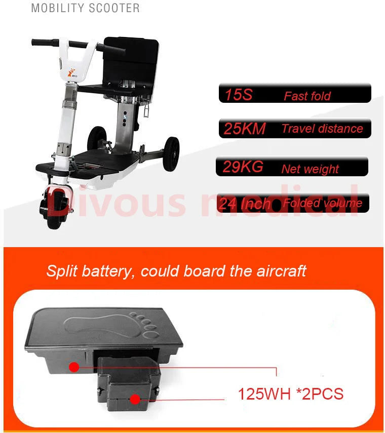 Scooter de mobilité 35km en autonomie , tricycle pliable pour adultes homologué pour le transport aérien, voiture électrique