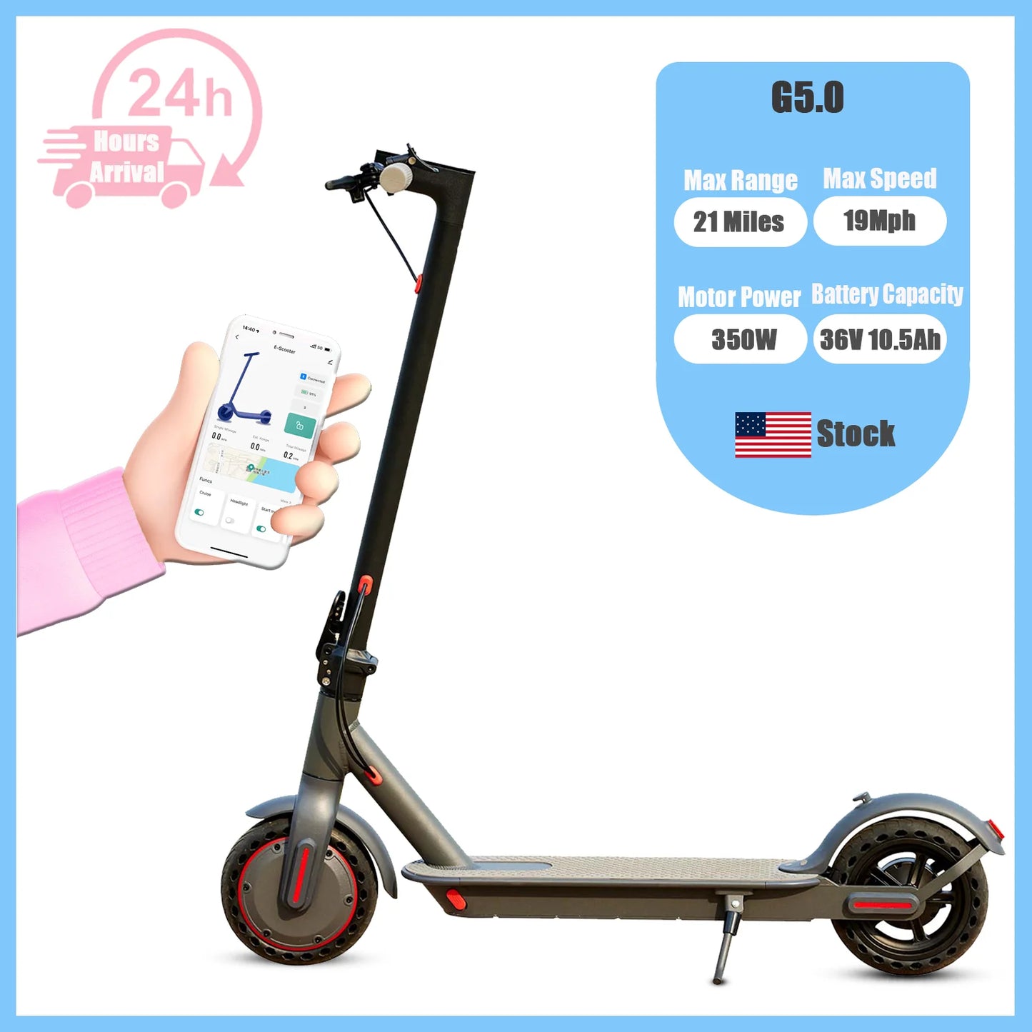 Trottinette électrique G5.0, batterie haute capacité 36 V 10,5 Ah, autonomie de 34 km, vitesse maximale de 30 km/h, moteur de 350 ch, pneus de 21,6 cm, pliable