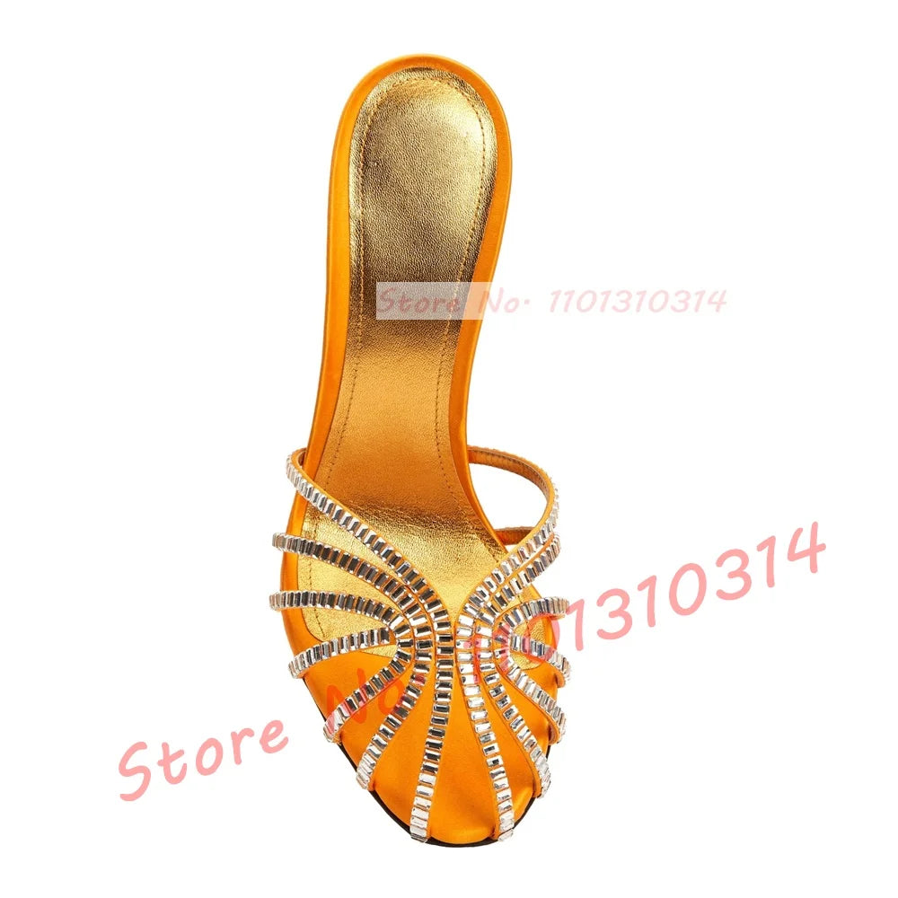 Pantoufles en soie à talons aiguilles ornées de pierres précieuses pour femmes, pantoufles de luxe à talons aiguilles ajourés, pantoufles métallisées élégantes pour femmes, chaussures d'été à brides croisées.