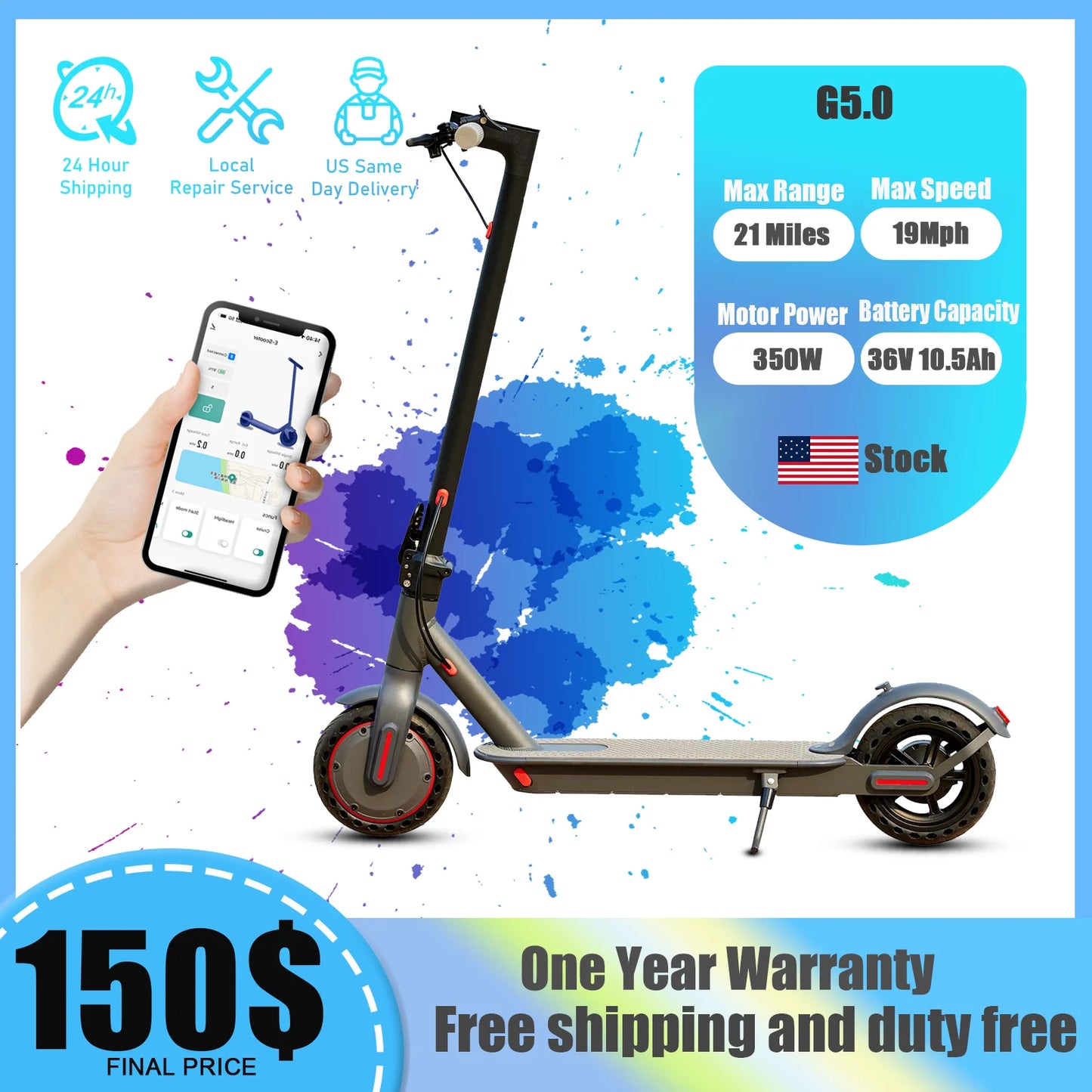 Trottinette électrique G5.0, batterie haute capacité 36 V 10,5 Ah, autonomie de 34 km, vitesse maximale de 30 km/h, moteur de 350 ch, pneus de 21,6 cm, pliable