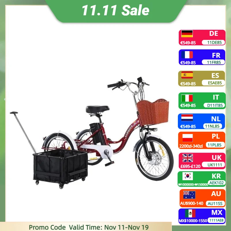 Tricycle électrique adulte avec panier/siège à tirer, trois roues, 48 V, 350 W, vélo électrique urbain tendance pour femmes avec batterie au lithium