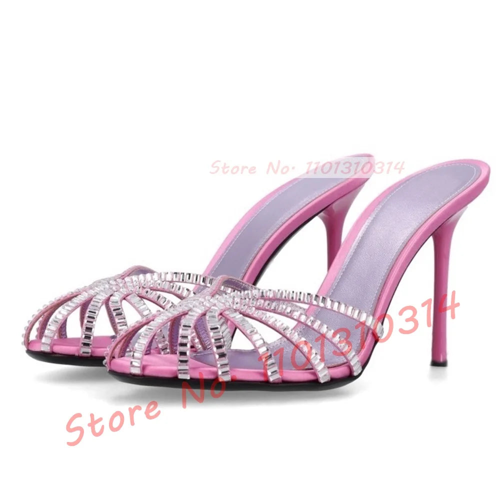 Pantoufles en soie à talons aiguilles ornées de pierres précieuses pour femmes, pantoufles de luxe à talons aiguilles ajourés, pantoufles métallisées élégantes pour femmes, chaussures d'été à brides croisées.