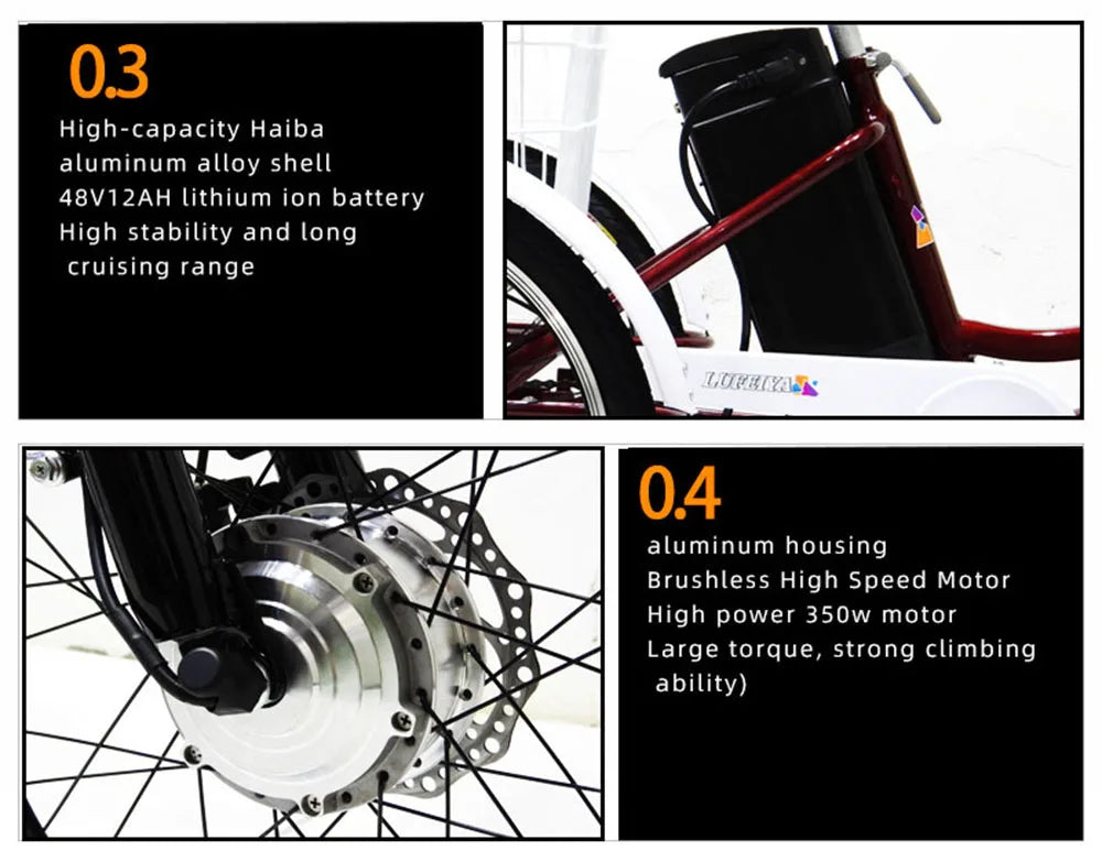 Tricycle électrique adulte avec panier/siège à tirer, trois roues, 48 V, 350 W, vélo électrique urbain tendance pour femmes avec batterie au lithium
